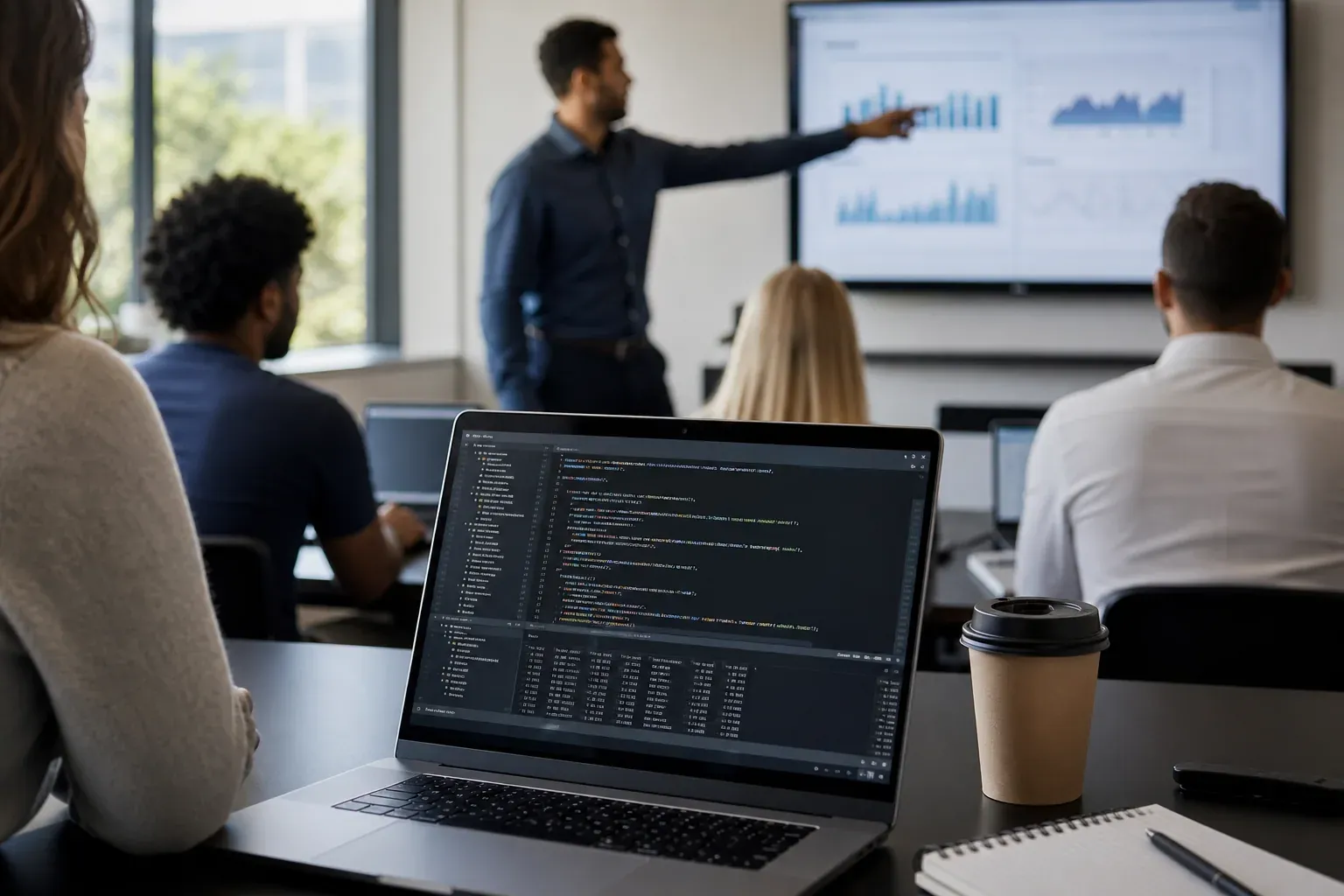 Photo réaliste d’une formation avec un ordinateur affichant du code et des requêtes SQL, un carnet de notes et un formateur devant un écran de données.