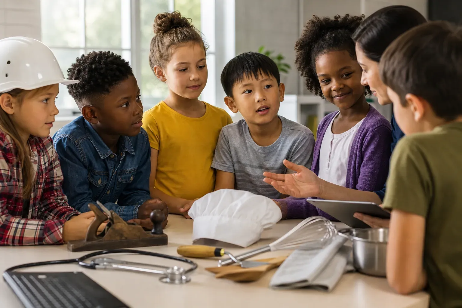 Des enfants de primaire participent à un atelier de découverte des métiers en classe, avec des objets représentant plusieurs professions.