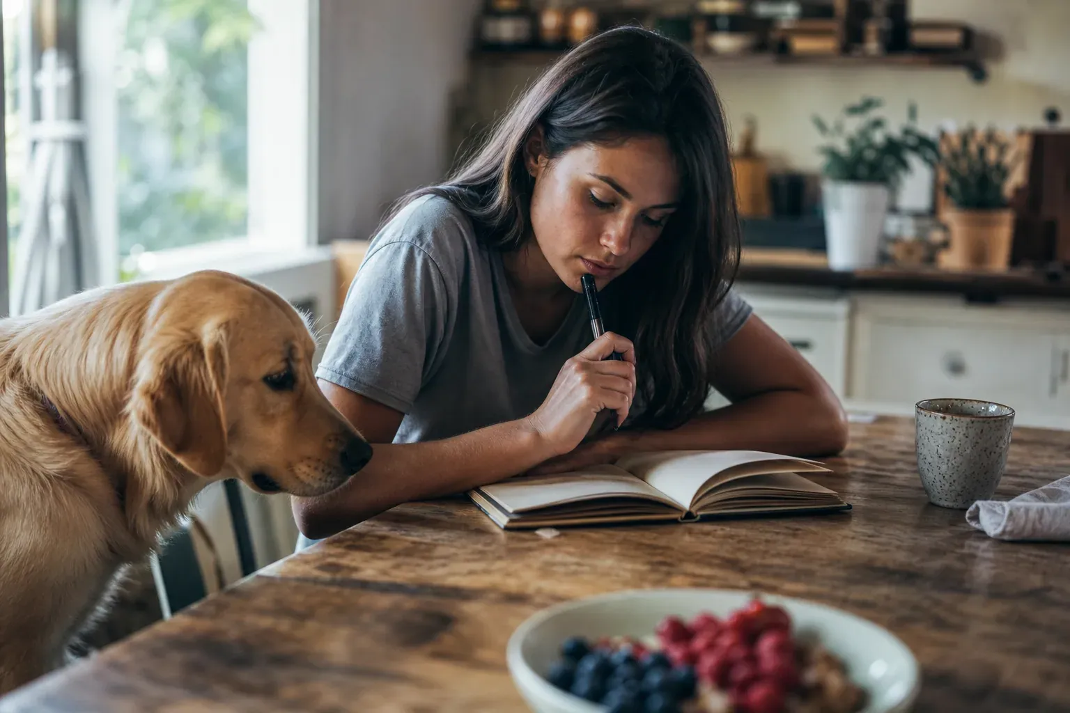 Personne en train de chercher un nom pour un chien ou un chat curieux, avec carnet ouvert sur une table dans une pièce lumineuse.