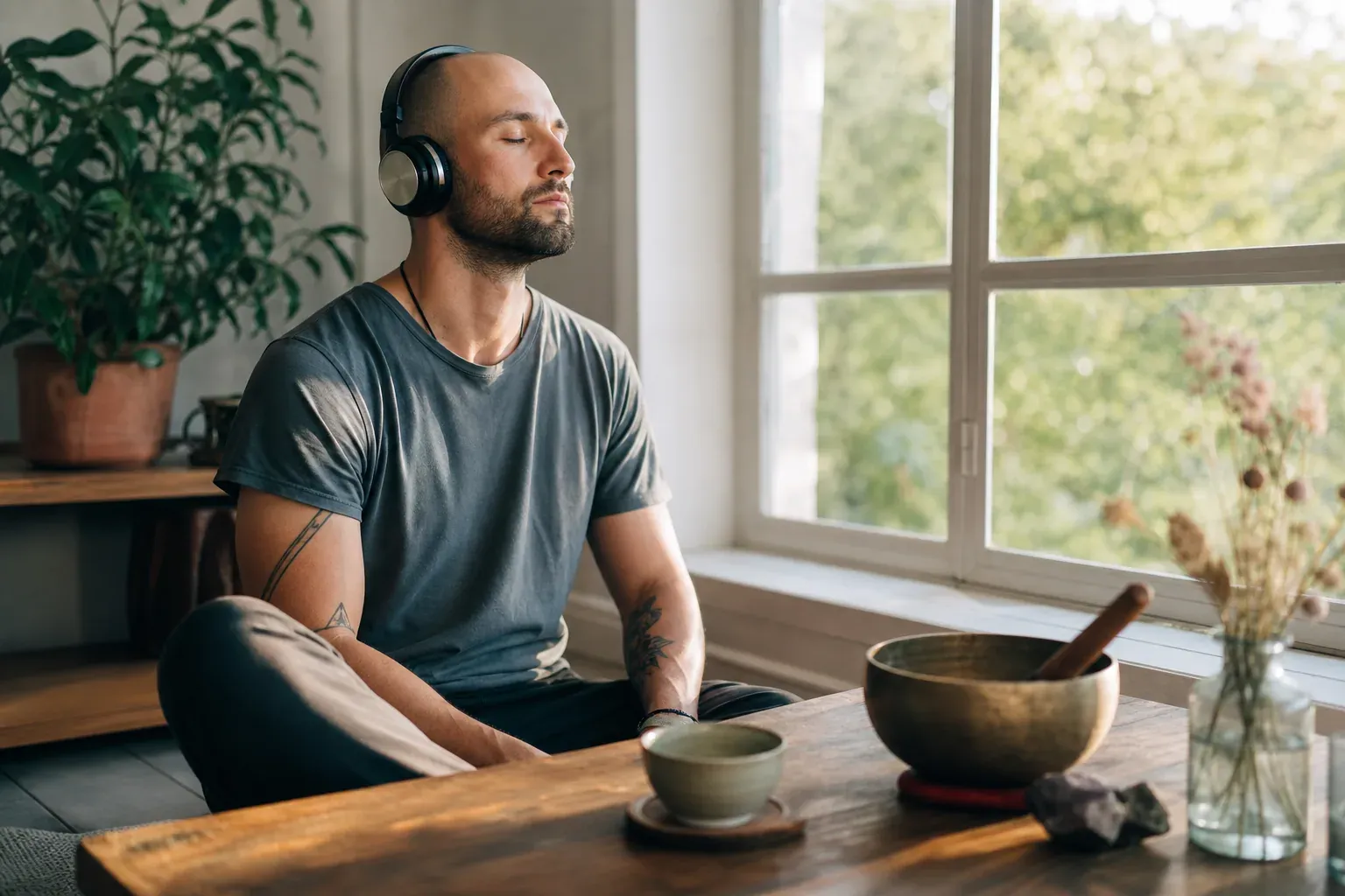 Une personne assise près d’une fenêtre, casque sur les oreilles, avec une ambiance calme, une tasse de thé et un bol chantant sur la table.