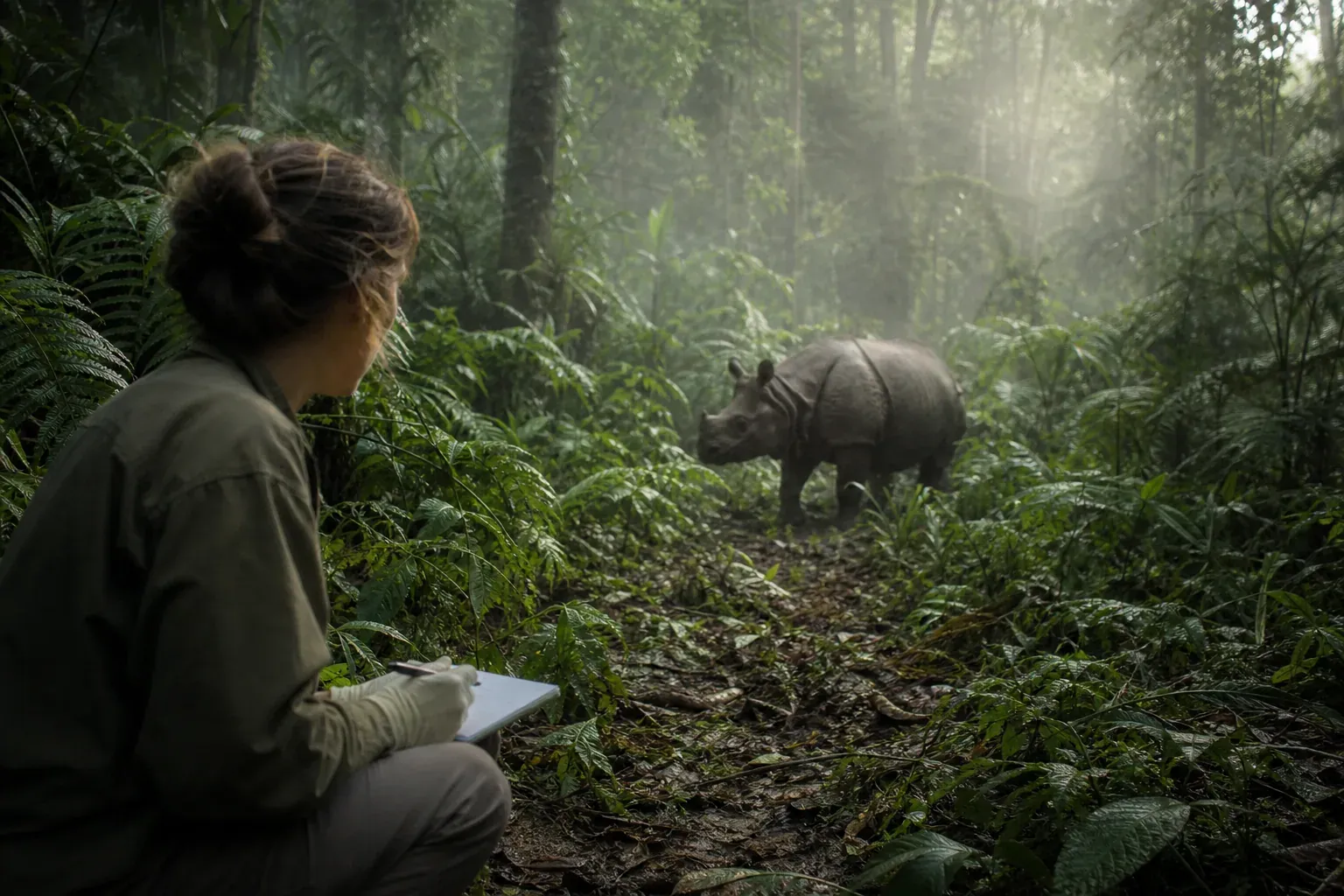 Un biologiste observe un rhinocéros de Java dans une forêt tropicale brumeuse, scène de terrain réaliste sur la protection des espèces menacées.