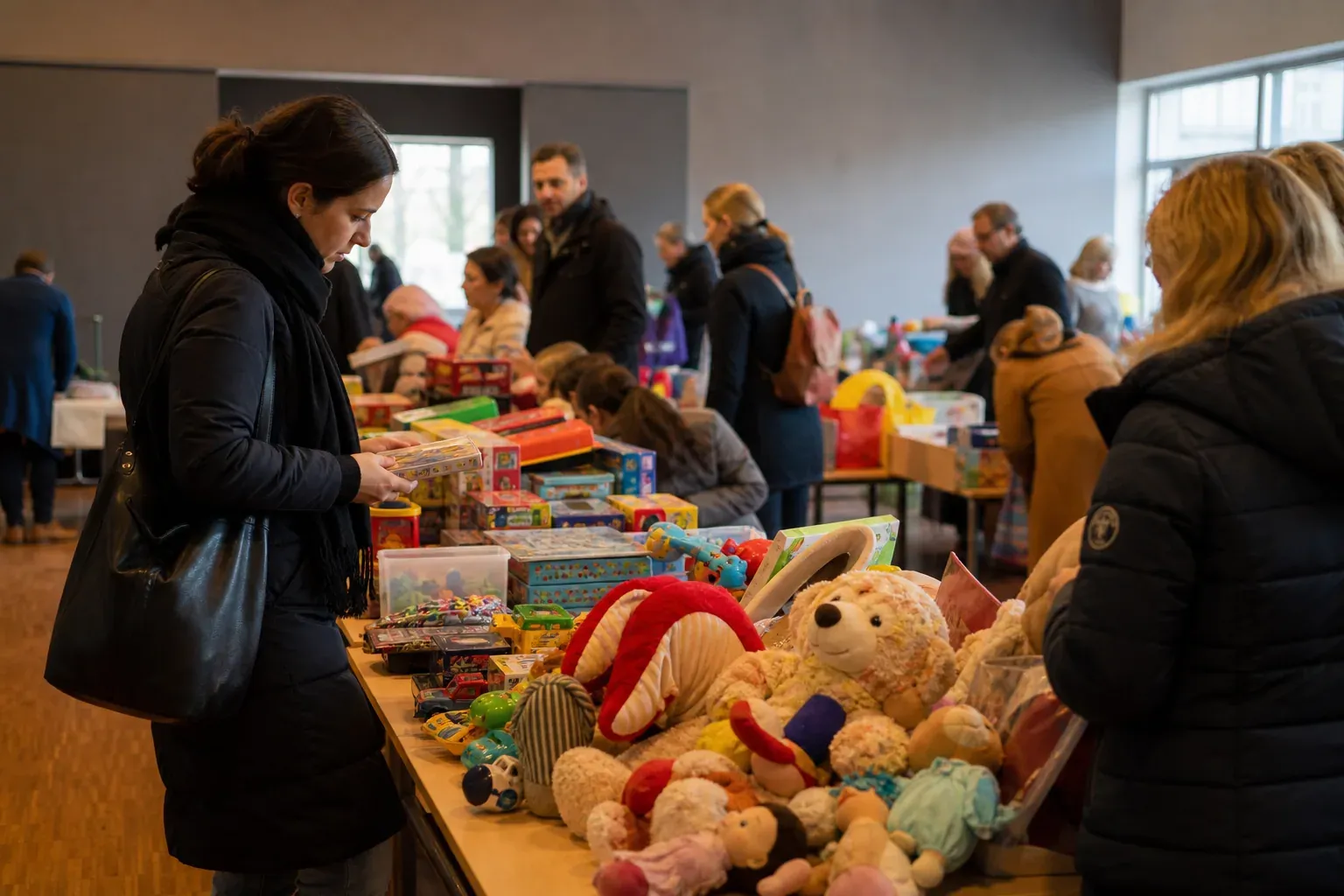 Des parents et des enfants regardent des jouets d’occasion sur des tables lors d’une braderie de quartier dans une salle lumineuse.