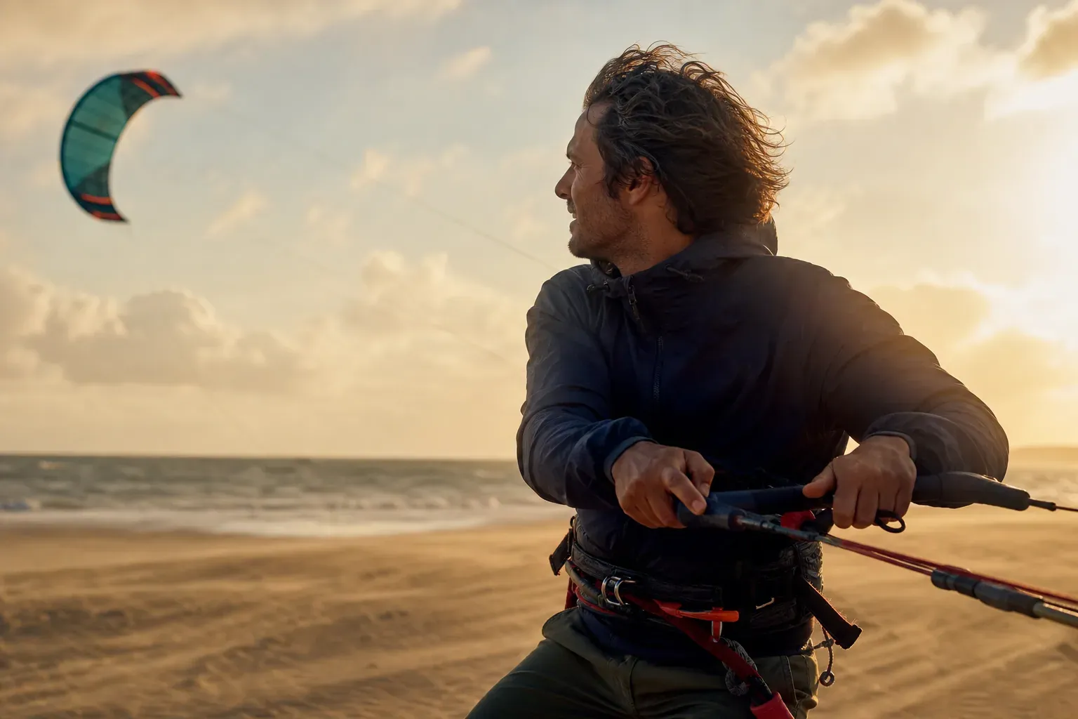Un pratiquant de powerkite sur une plage ventée, les mains sur une aile de traction, avec l’océan et le sable en arrière-plan.