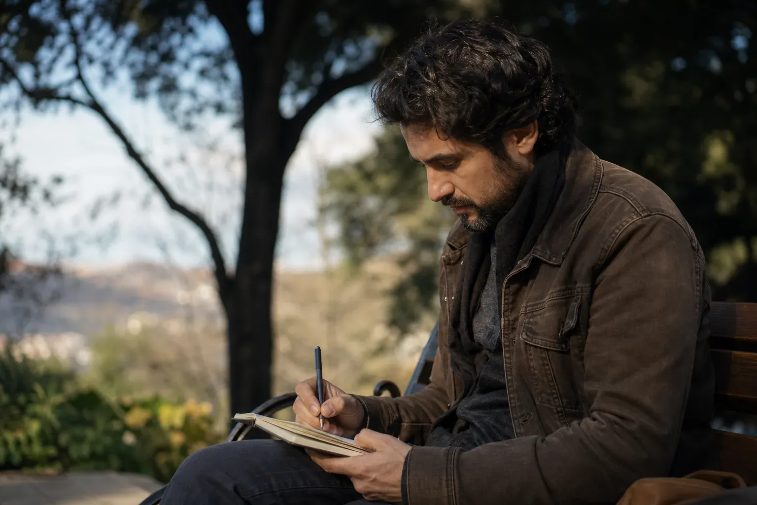 Une personne dessine dans un carnet sur un banc en plein air, avec un paysage naturel en arrière-plan et une ambiance calme.