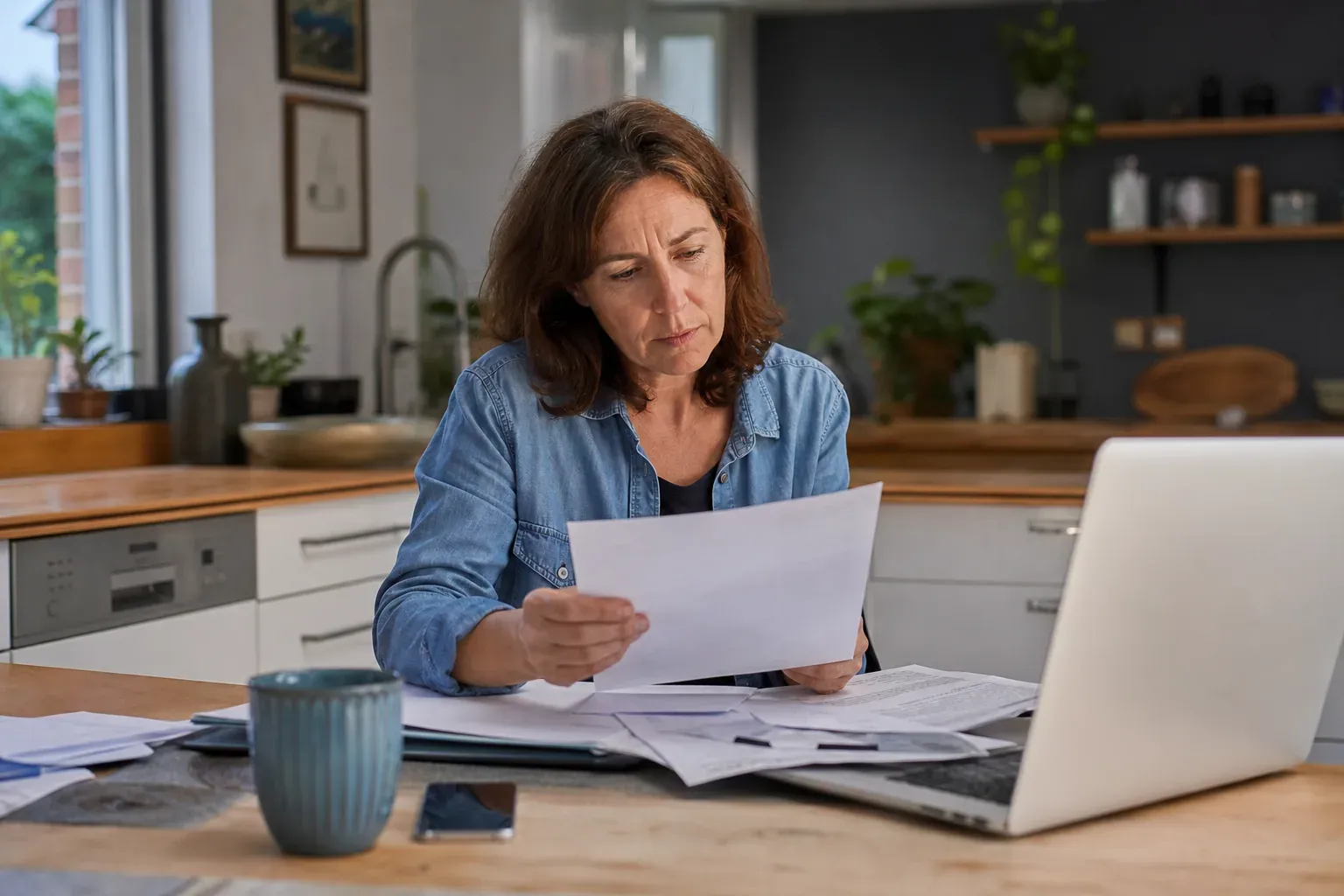 Personne consultant un avis de renouvellement d’assurance logement à domicile, avec ordinateur portable et documents sur la table.