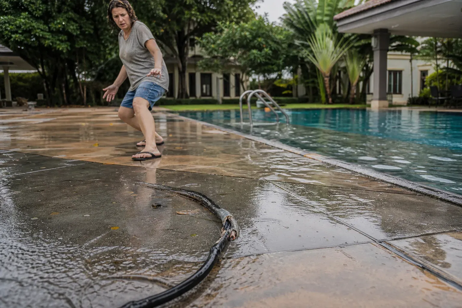 Une scène réaliste près d’une piscine extérieure humide avec un câble électrique endommagé et une personne qui recule prudemment.