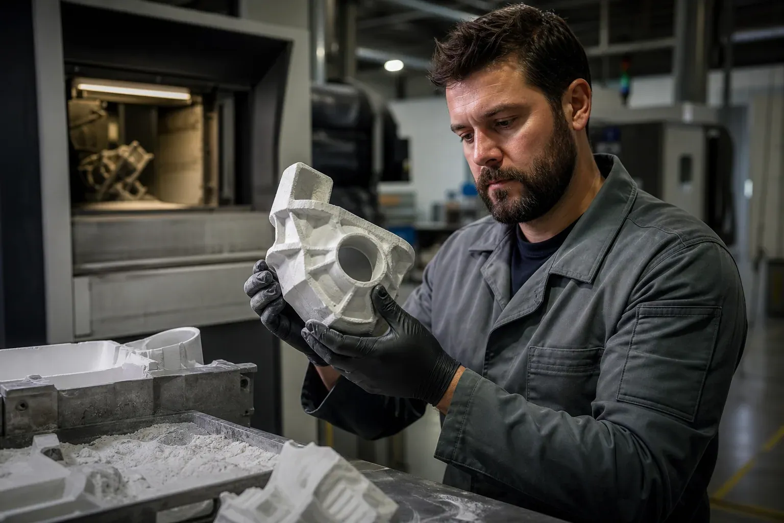 Un technicien examine une pièce imprimée en SLS encore poudrée, avec une surface légèrement granuleuse, dans un atelier d’impression 3D industriel.