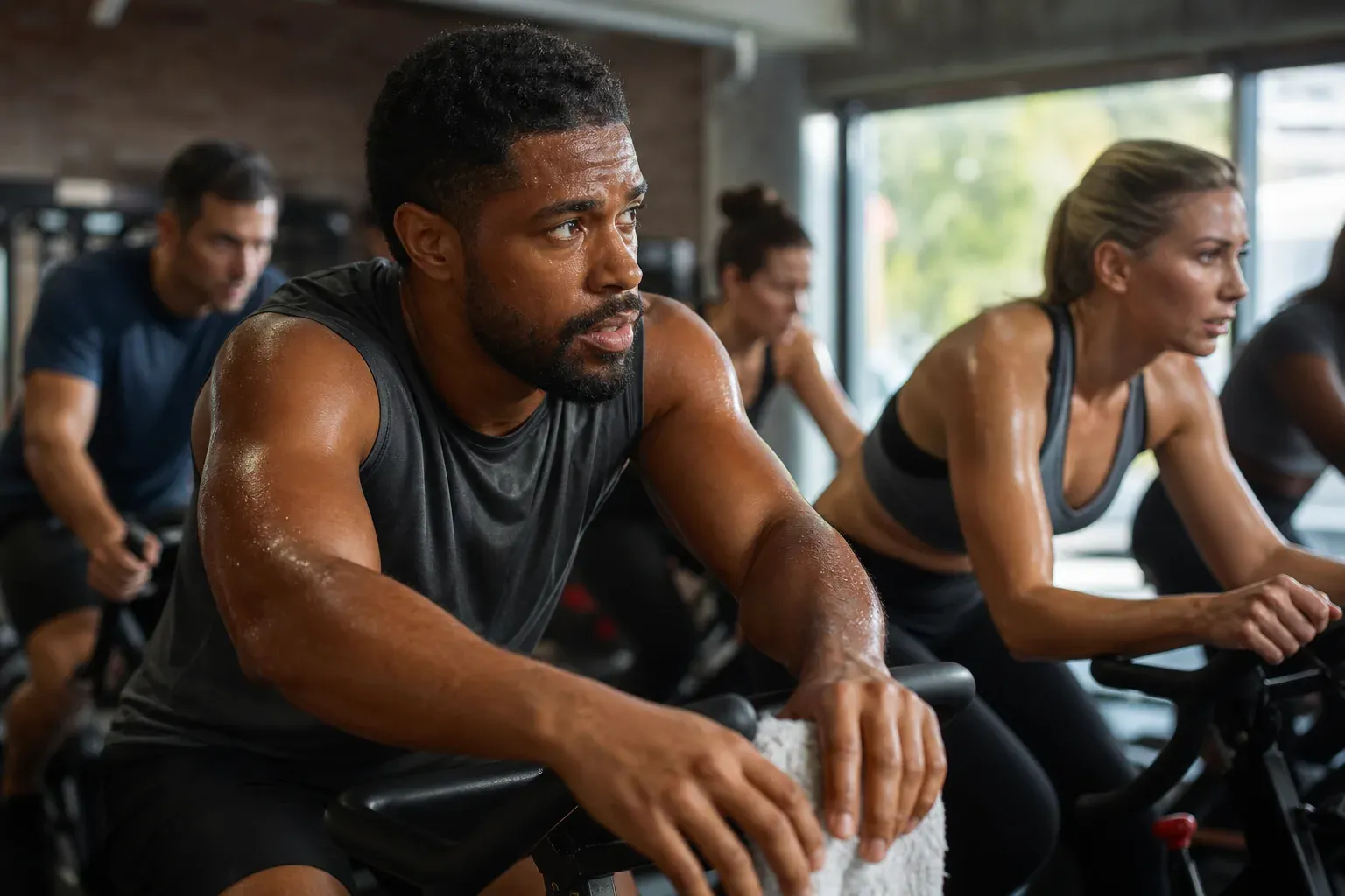 Un cours de cycling en intérieur dans un studio moderne avec plusieurs cyclistes sur vélos fixes et un coach à l'avant.