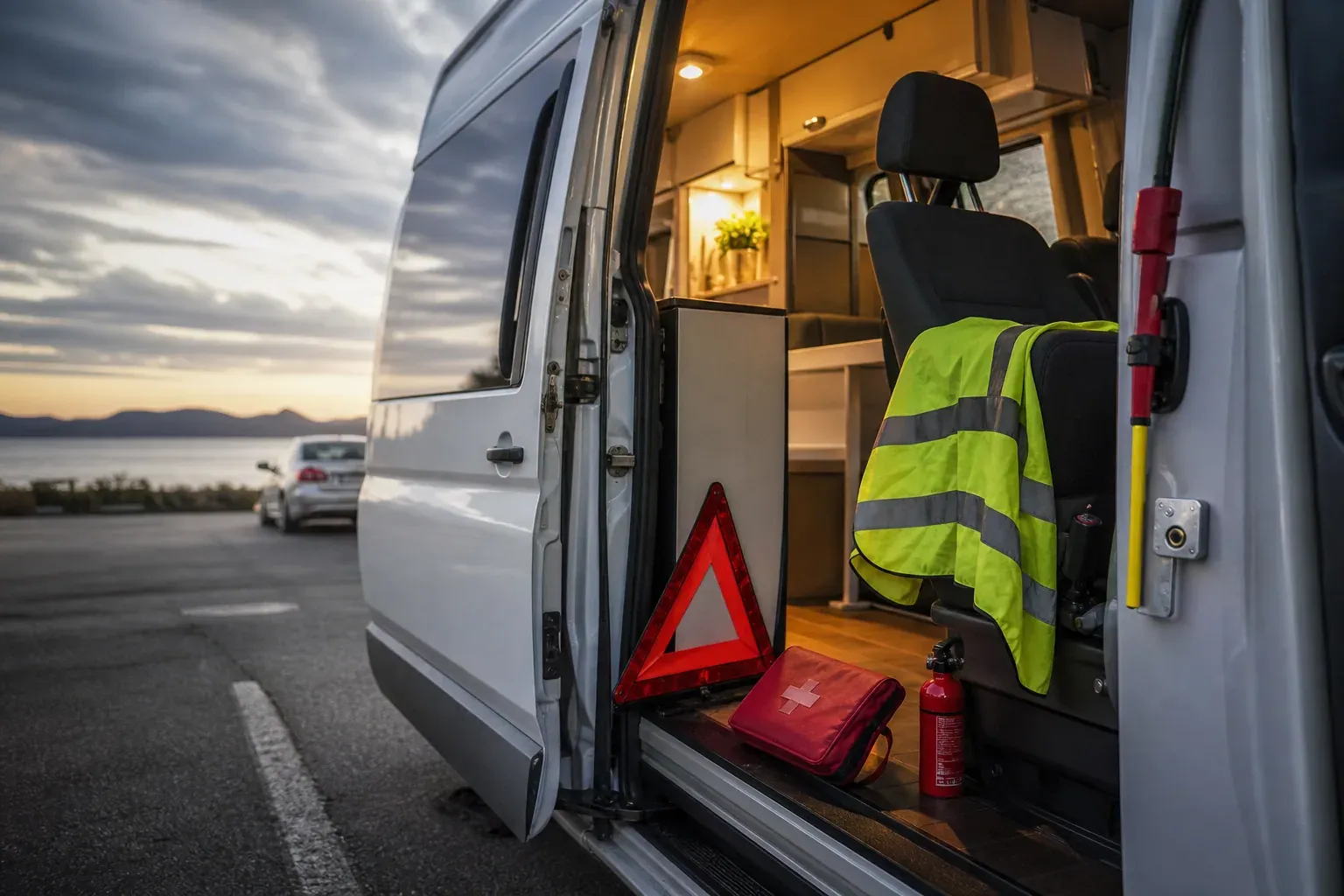 Un camping-car moderne garé sur une aire, avec un gilet fluorescent, un triangle, une trousse de secours, un extincteur et des dispositifs antivol visibles à bord.