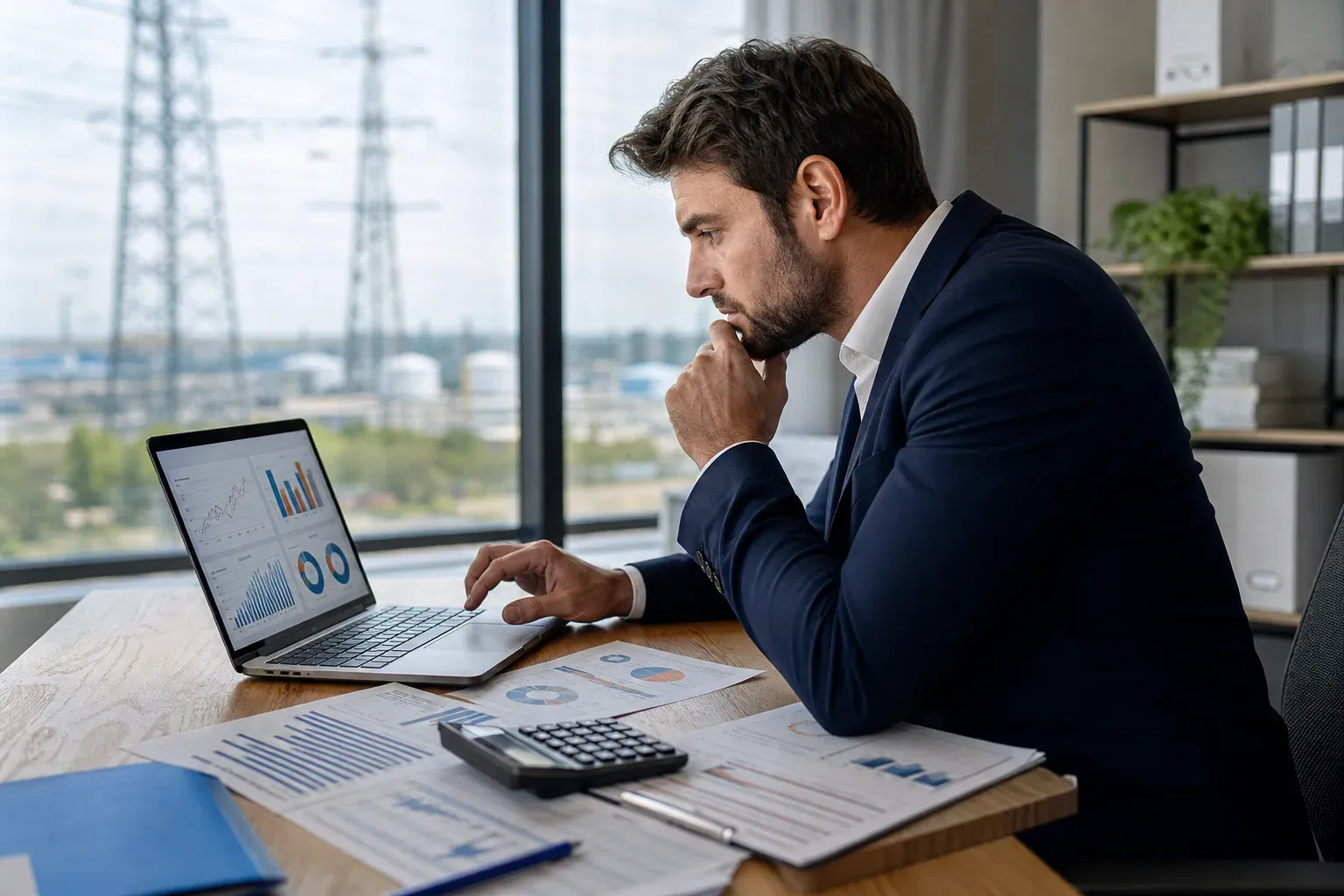 Un courtier en énergie analyse des contrats et des tableaux de bord sur un ordinateur portable dans un bureau moderne.