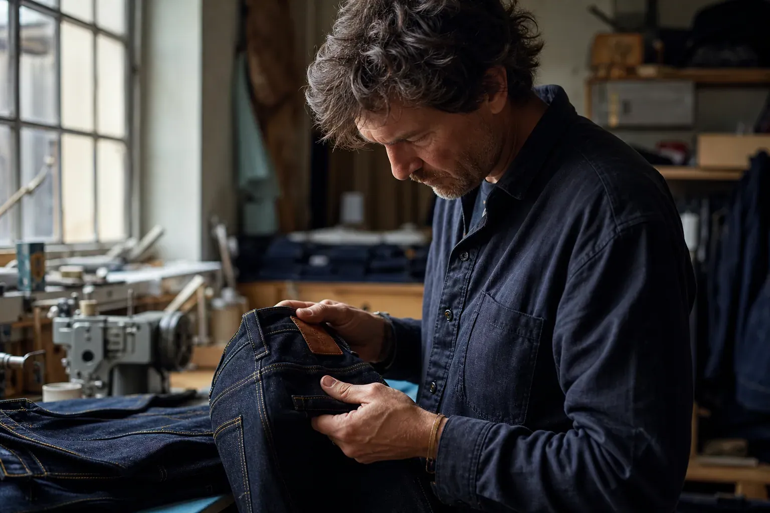 Un artisan examine l’étiquette et les finitions d’un jean dans un atelier de confection français.