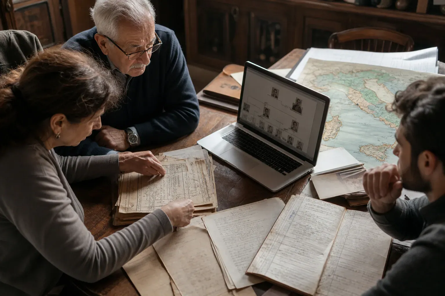 Photo réaliste d’un bureau de généalogie avec des archives familiales, une carte de l’Italie et un ordinateur ouvert sur un arbre généalogique.