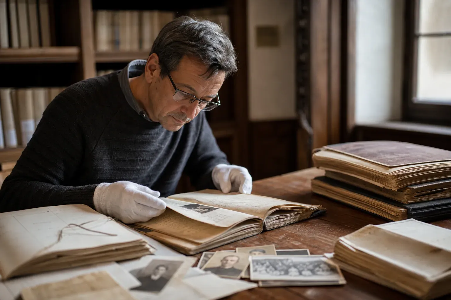 Un généalogiste consulte des registres anciens dans une salle d’archives, avec des dossiers et des livres d’état civil sur une table en bois.