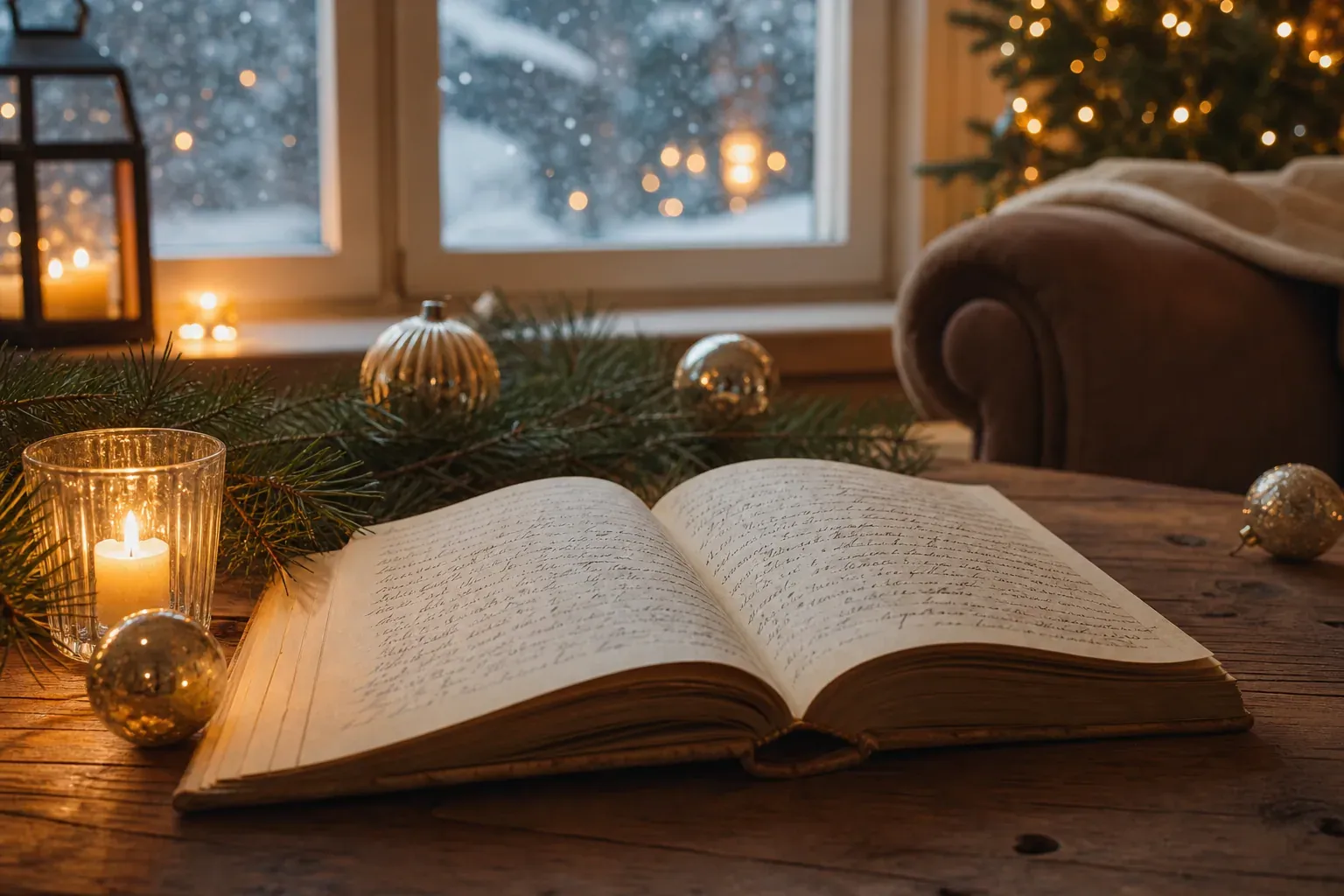 Un livre de poésie ouvert sur une table avec des branches de sapin, des bougies et une ambiance de Noël chaleureuse.