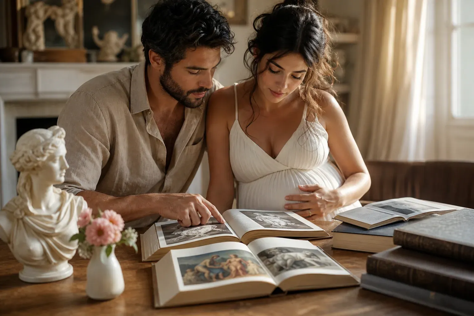 Photo réaliste d’un couple consultant des livres de mythologie autour d’une table lumineuse, avec une petite statue de déesse et une ambiance éditoriale chaleureuse.