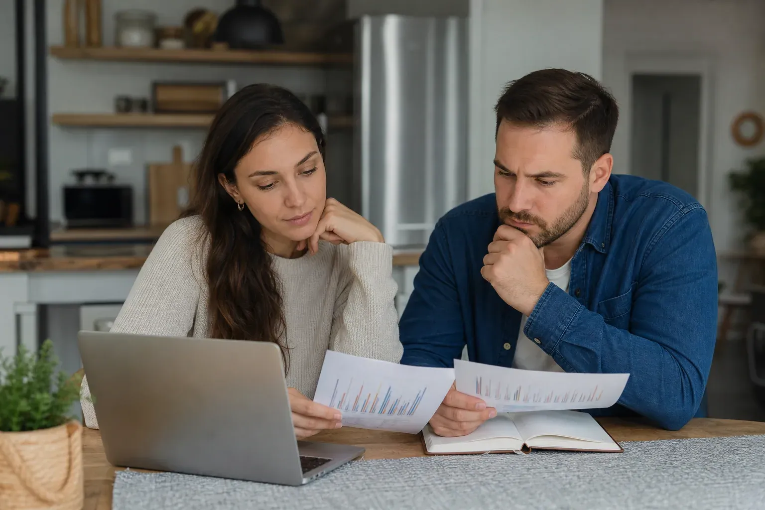 Jeunes parents examinant un tableau de popularité des prénoms sur une table, avec un ordinateur portable et un carnet, dans une ambiance lumineuse et réaliste.