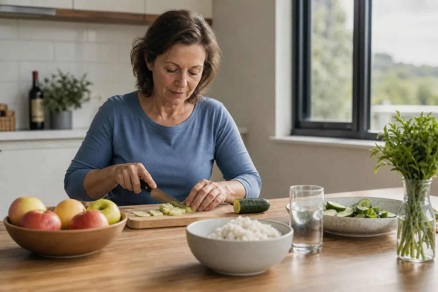 Une personne prépare un repas pauvre en potassium dans une cuisine lumineuse, avec des aliments simples comme des pommes, du concombre, du riz et un verre d’eau.