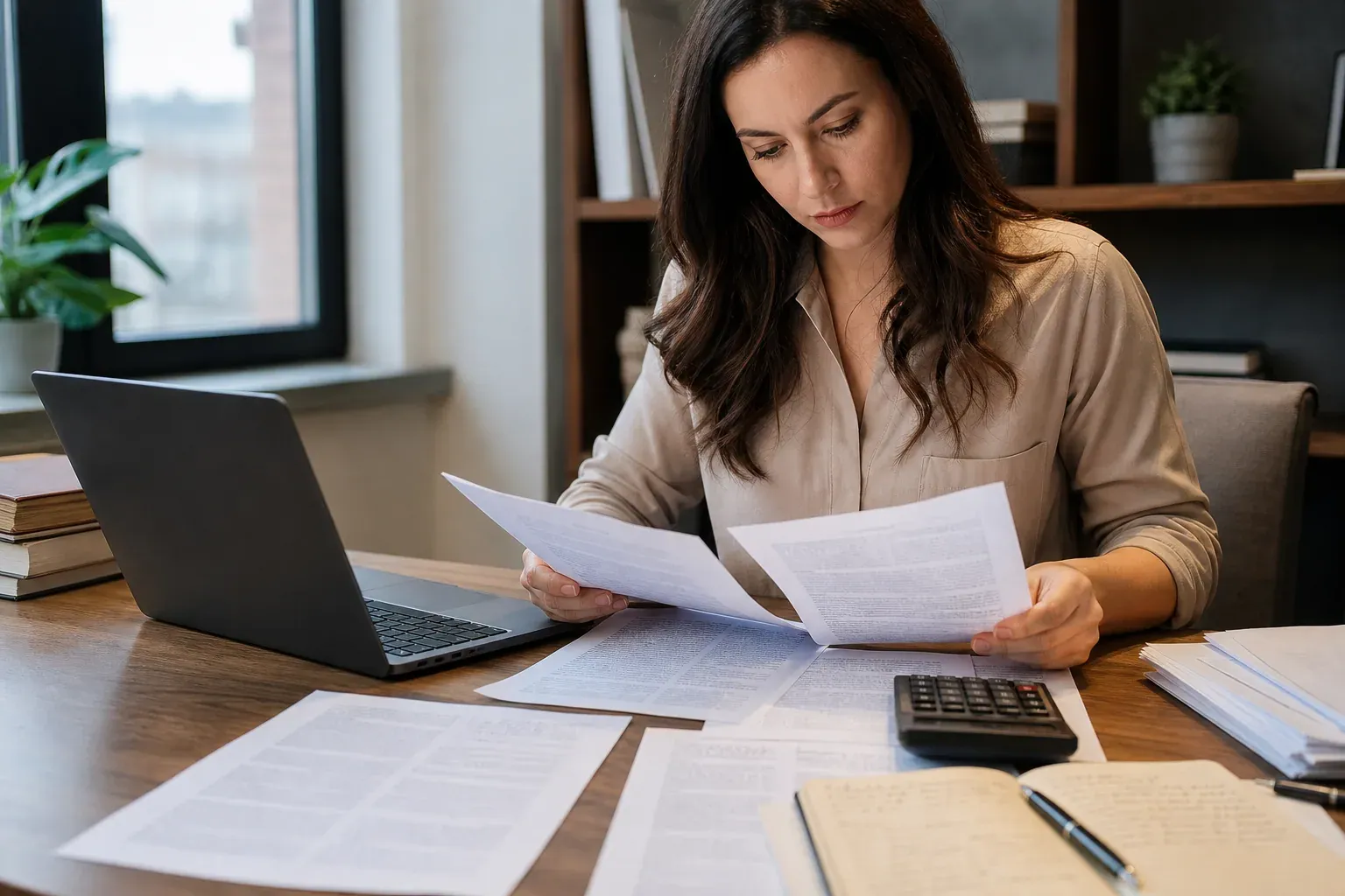 Un traducteur professionnel examine des documents bilingues sur son bureau, avec ordinateur portable, notes et calculatrice dans un bureau lumineux.
