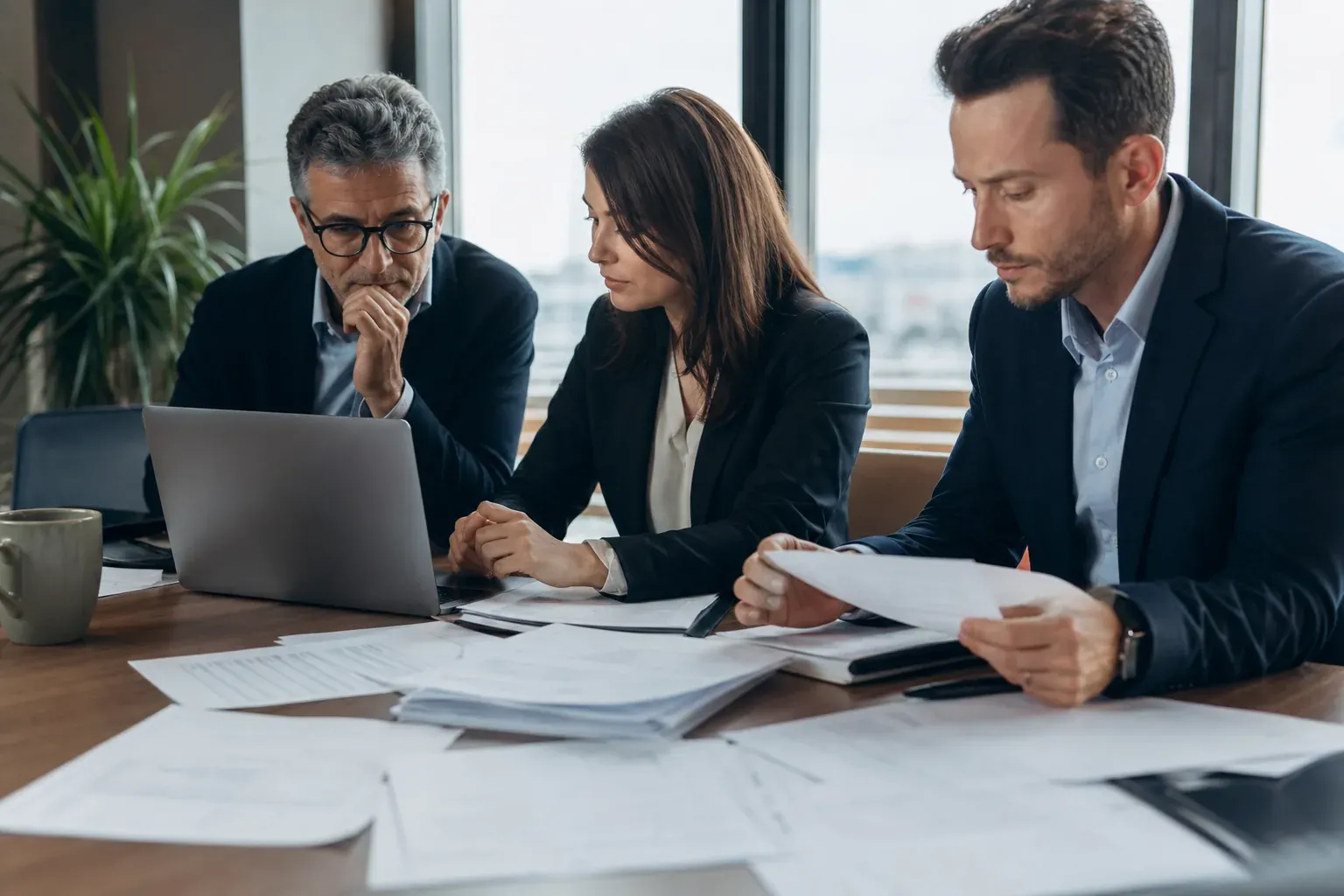 Réunion de dirigeants autour de contrats et de factures dans un bureau moderne, illustrant l’impact de la loi LME sur les entreprises.
