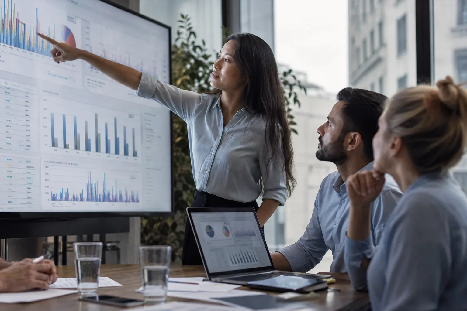 Une équipe d’analystes en réunion devant des écrans affichant des tableaux de bord de données dans un bureau moderne.