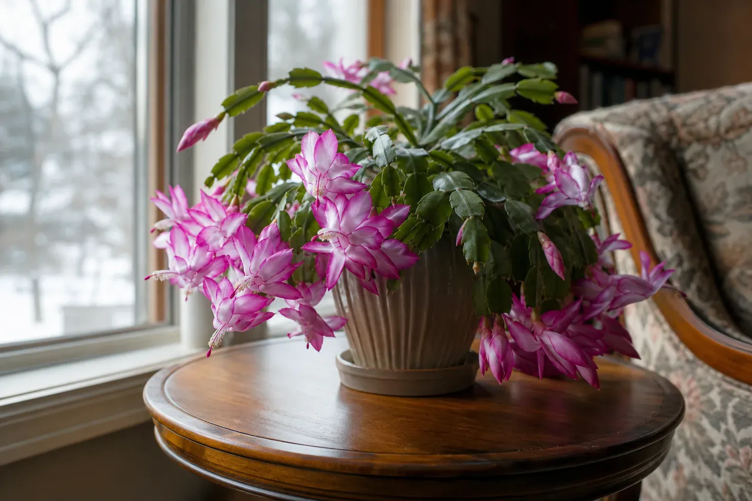 Schlumbergera en fleurs roses et blanches posé dans un pot sur une table près d’une fenêtre lumineuse, dans un intérieur chaleureux.