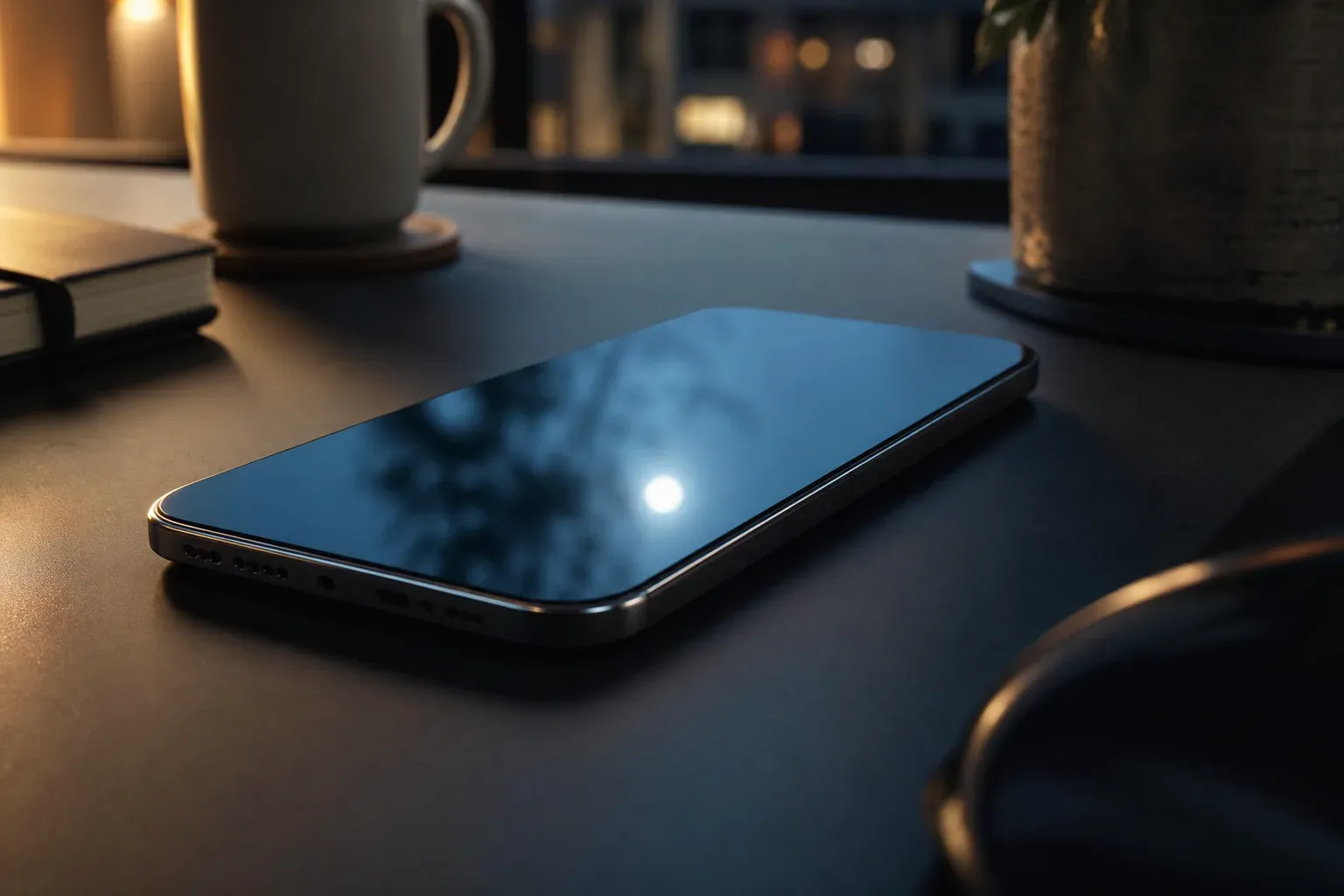 Un smartphone moderne et sobre posé sur un bureau, avec des reflets bleutés rappelant la lune et une ambiance de studio réaliste.
