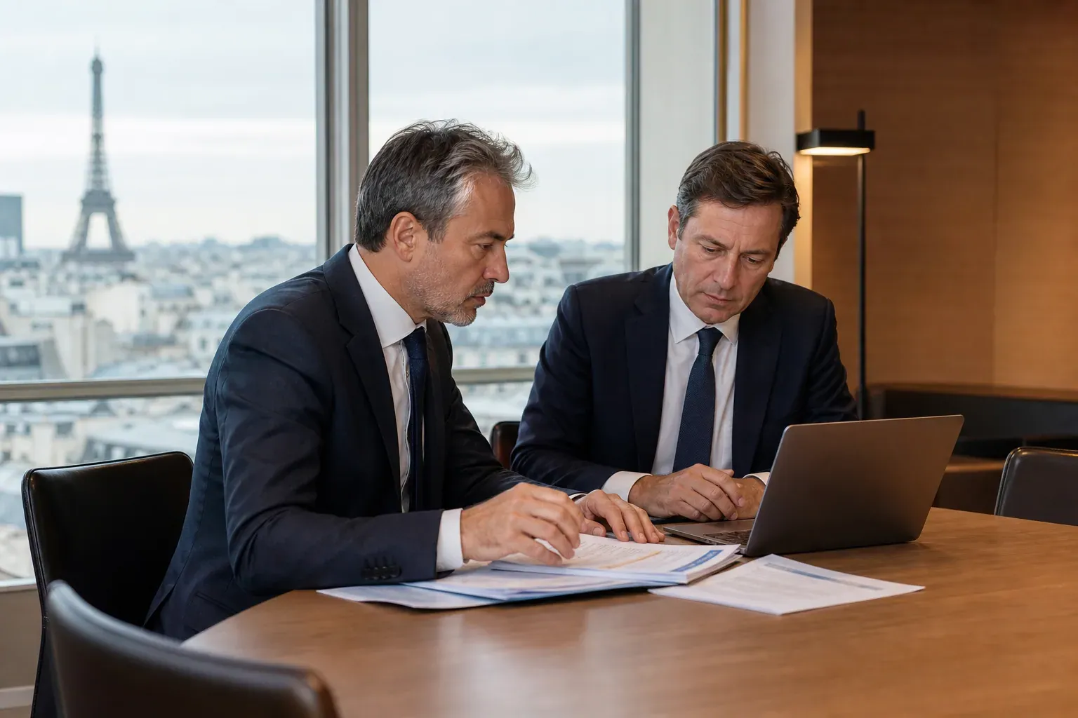 Un directeur financier et un avocat fiscaliste examinent des documents dans une salle de réunion d’entreprise, avec une ambiance de contrôle et de vigilance.