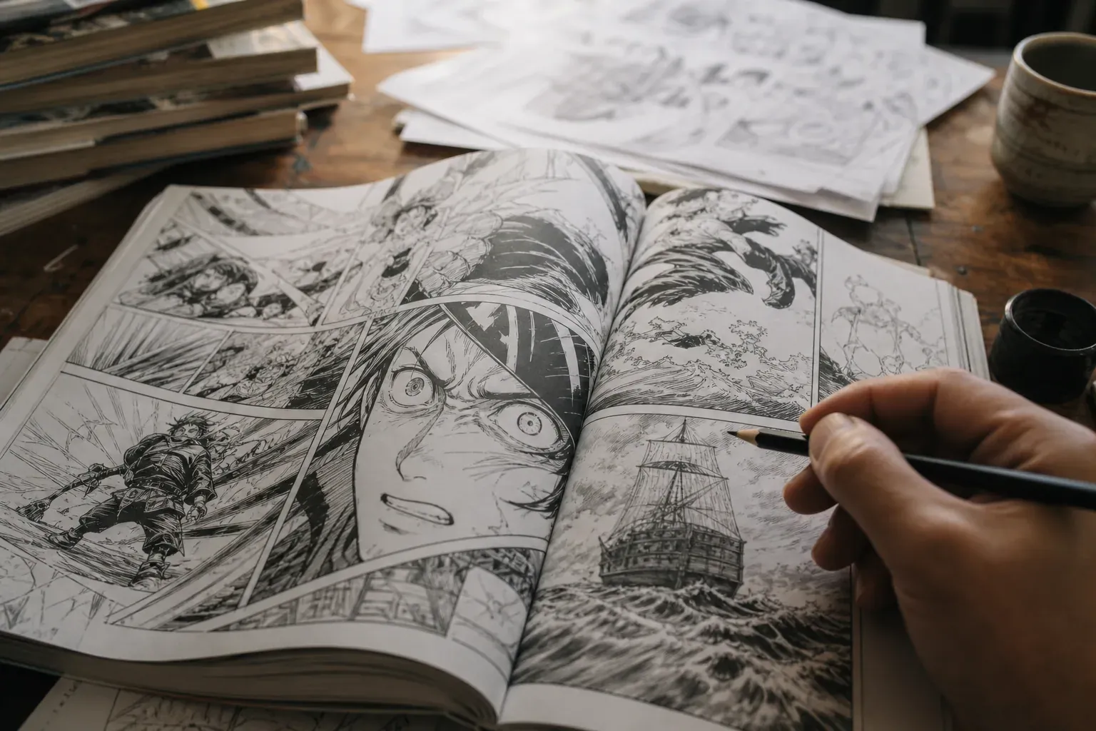 Photo réaliste d’un bureau d’éditeur de manga avec un volume de One Piece ouvert, des pages très dynamiques et une main prête à annoter.