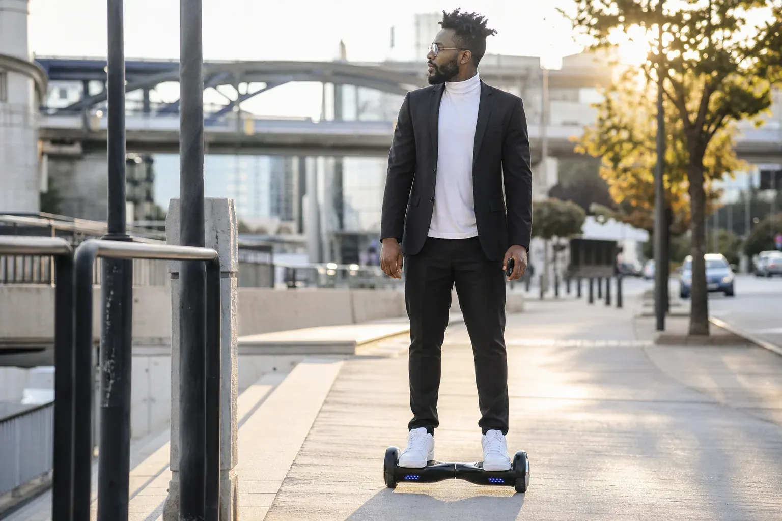 Une personne debout sur un hoverboard électrique sur un trottoir urbain, en situation réelle, avec un décor de ville moderne.