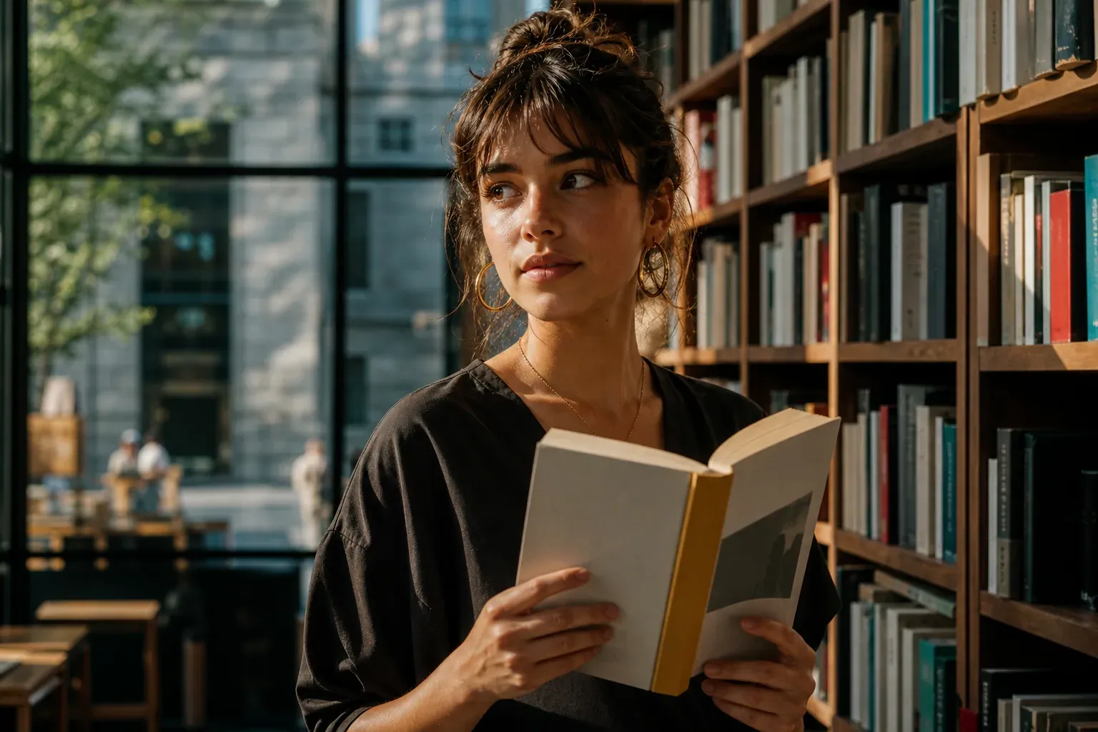 Une personne feuilletant un roman récent dans une librairie contemporaine, dans une ambiance lumineuse et urbaine.