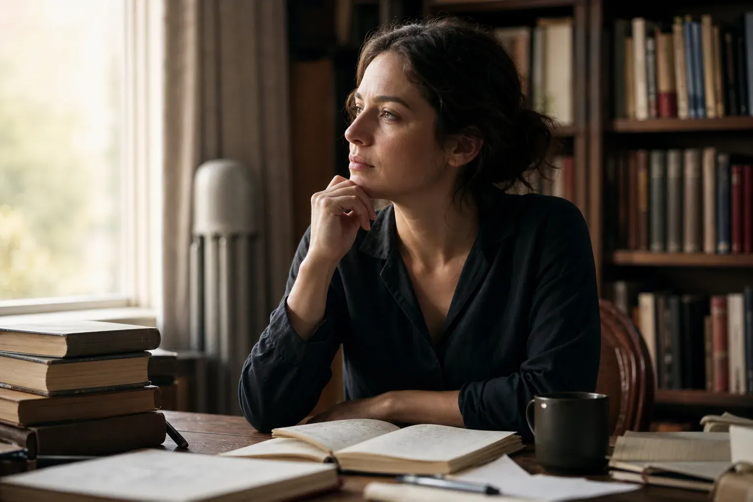 Portrait réaliste d’une femme dans une bibliothèque, entourée de livres et de notes manuscrites, dans une ambiance d’étude et de réflexion.