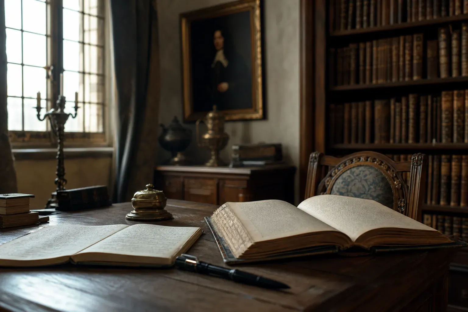 Un livre classique de littérature française ouvert sur un bureau, avec carnet de notes et lumière douce dans une ambiance d’étude.