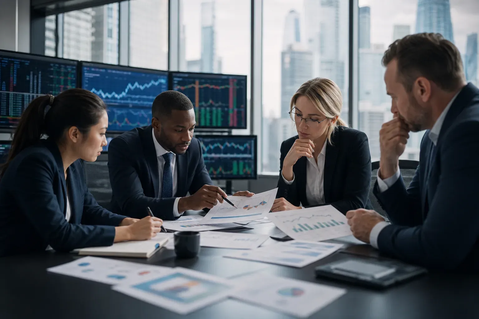 Des professionnels de la finance analysent des graphiques et des rapports dans une salle de réunion moderne.