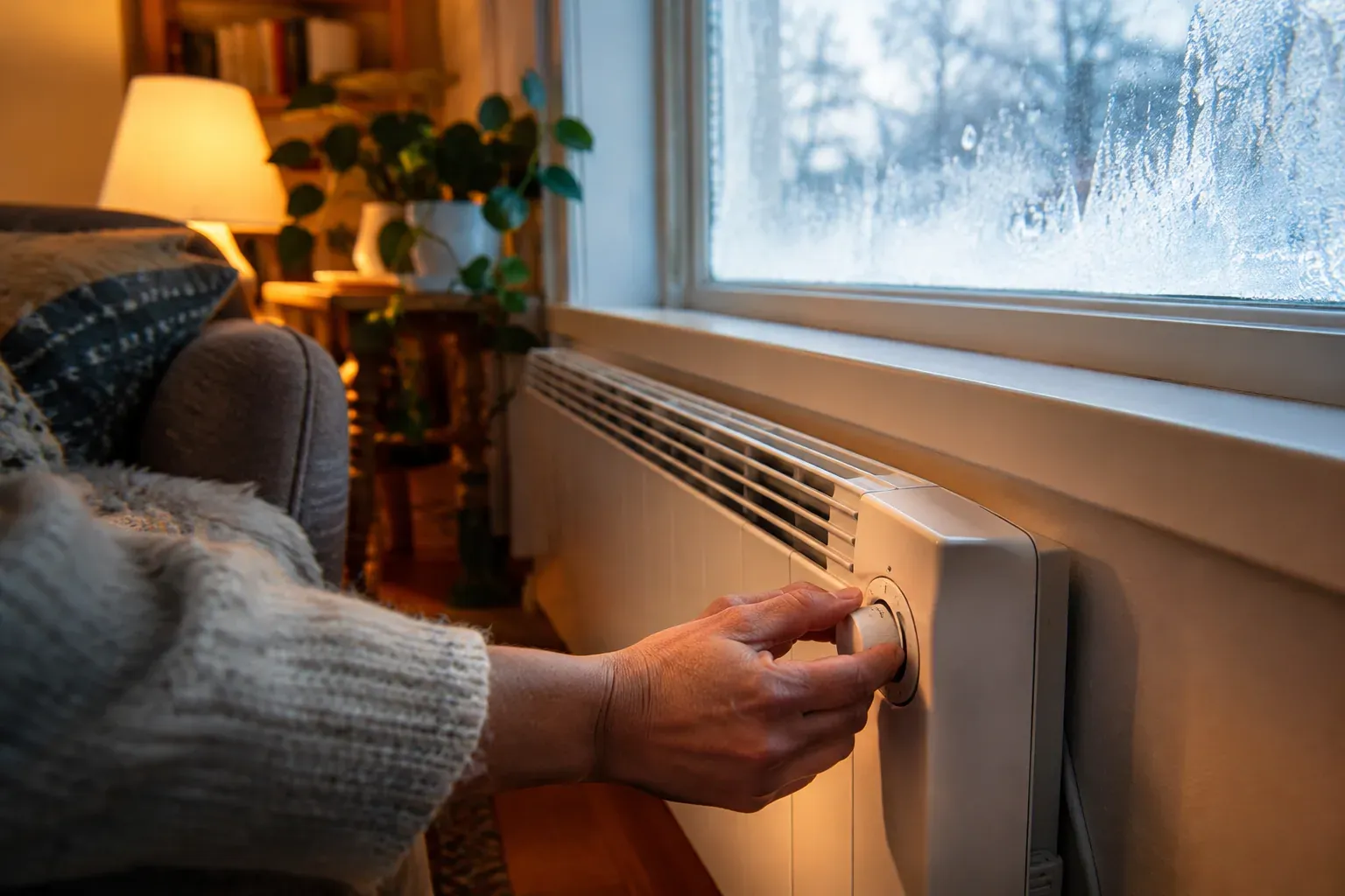 Main réglant le thermostat d'un radiateur électrique blanc installé sous une fenêtre givrée, dans un salon chaleureux en hiver.