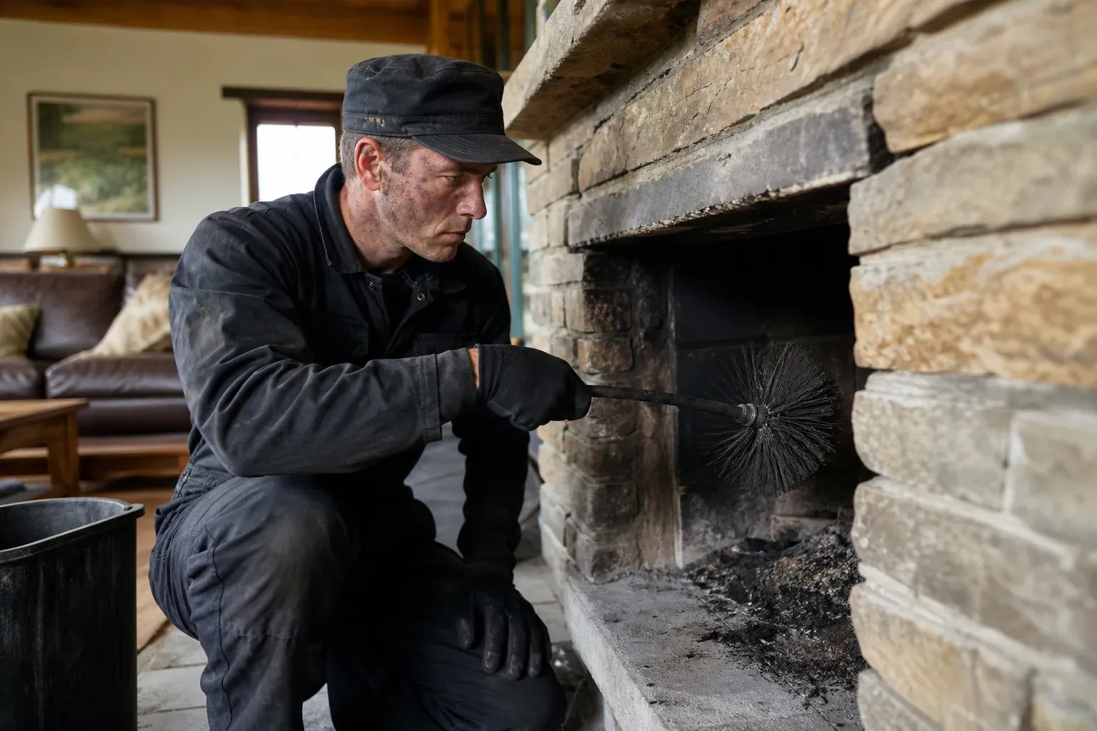 Ramoneur professionnel en tenue de travail nettoyant un conduit de cheminée avec un hérisson, intérieur d'un salon avec cheminée en pierre, lumière naturelle.