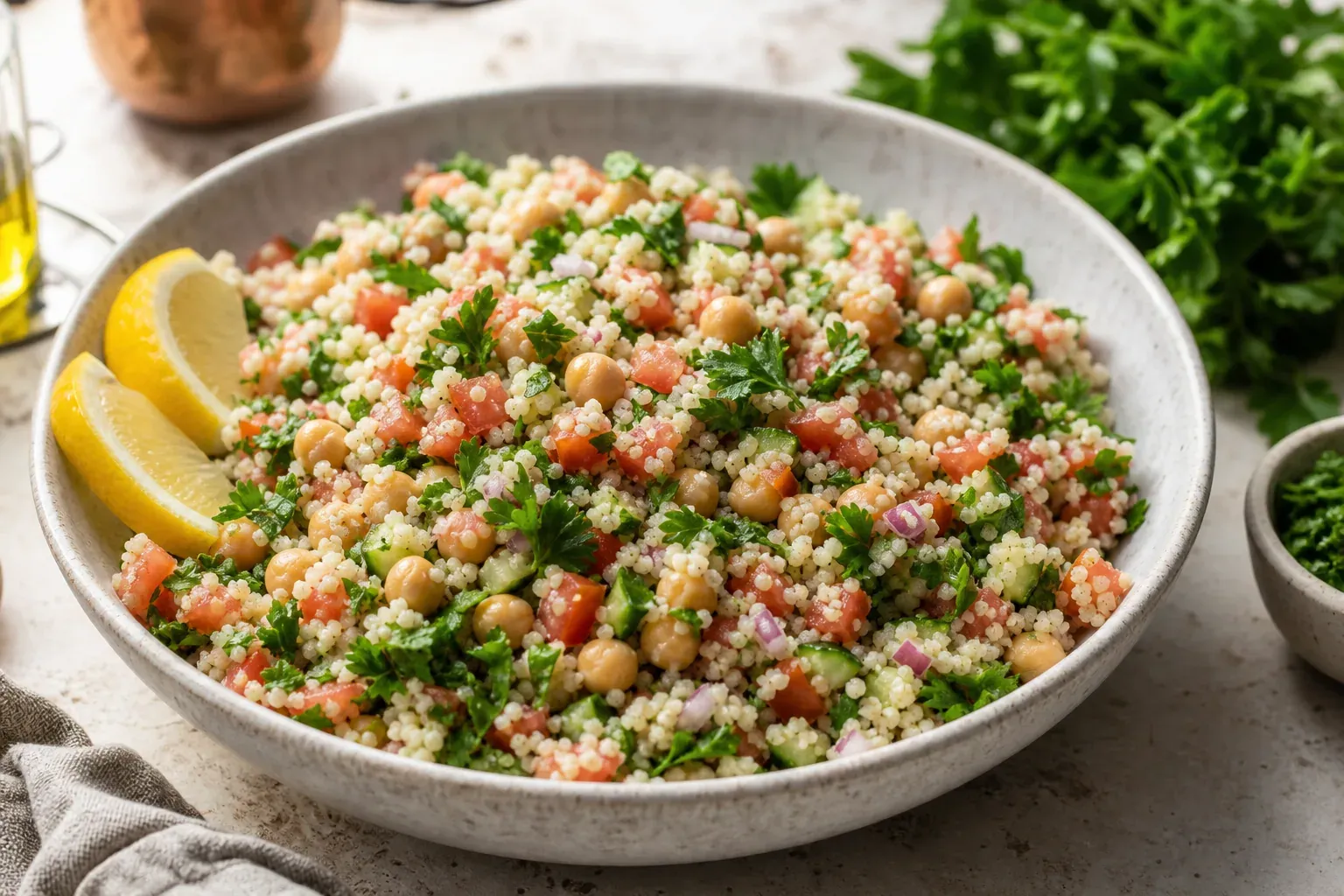 Bol de taboulé aux pois chiches avec couscous, tomates, persil, citron et filet d’huile d’olive sur une table lumineuse.