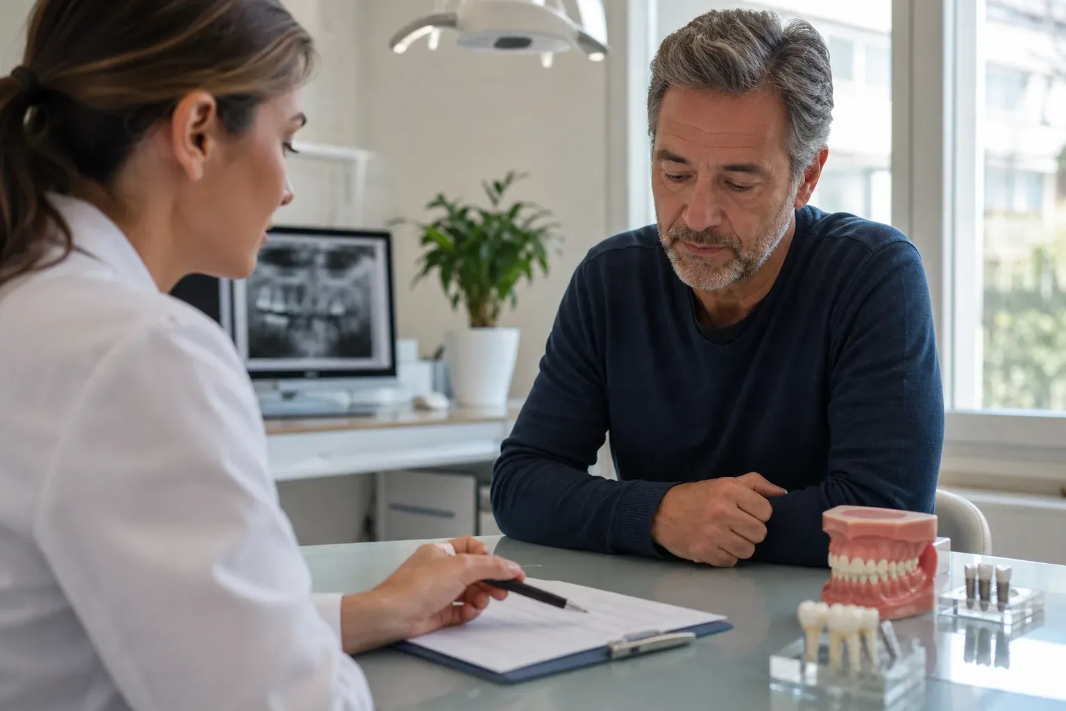 Patient en consultation chez le dentiste, devis d’implant dentaire sur la table et matériel de soins visibles.