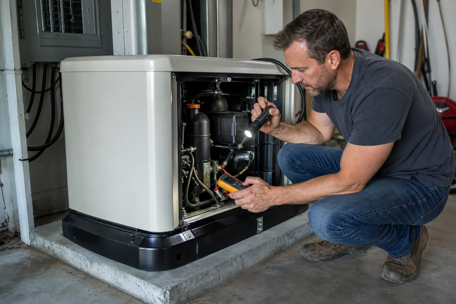 Un propriétaire inspecte une génératrice résidentielle avec un multimètre dans un local technique, près du panneau électrique.
