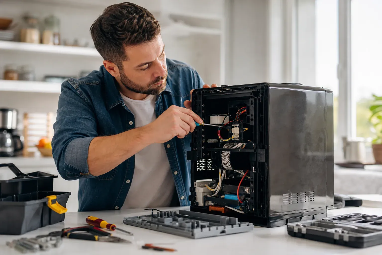 Un bricoleur répare un appareil électroménager ouvert sur un plan de travail, avec des outils à côté et une lumière naturelle.