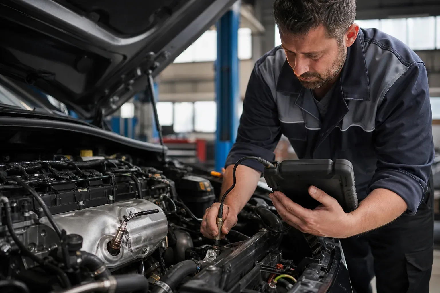 Un mécanicien contrôle la gestion moteur d’une voiture à l’aide d’une valise de diagnostic, avec la sonde lambda et le système d’échappement visibles.