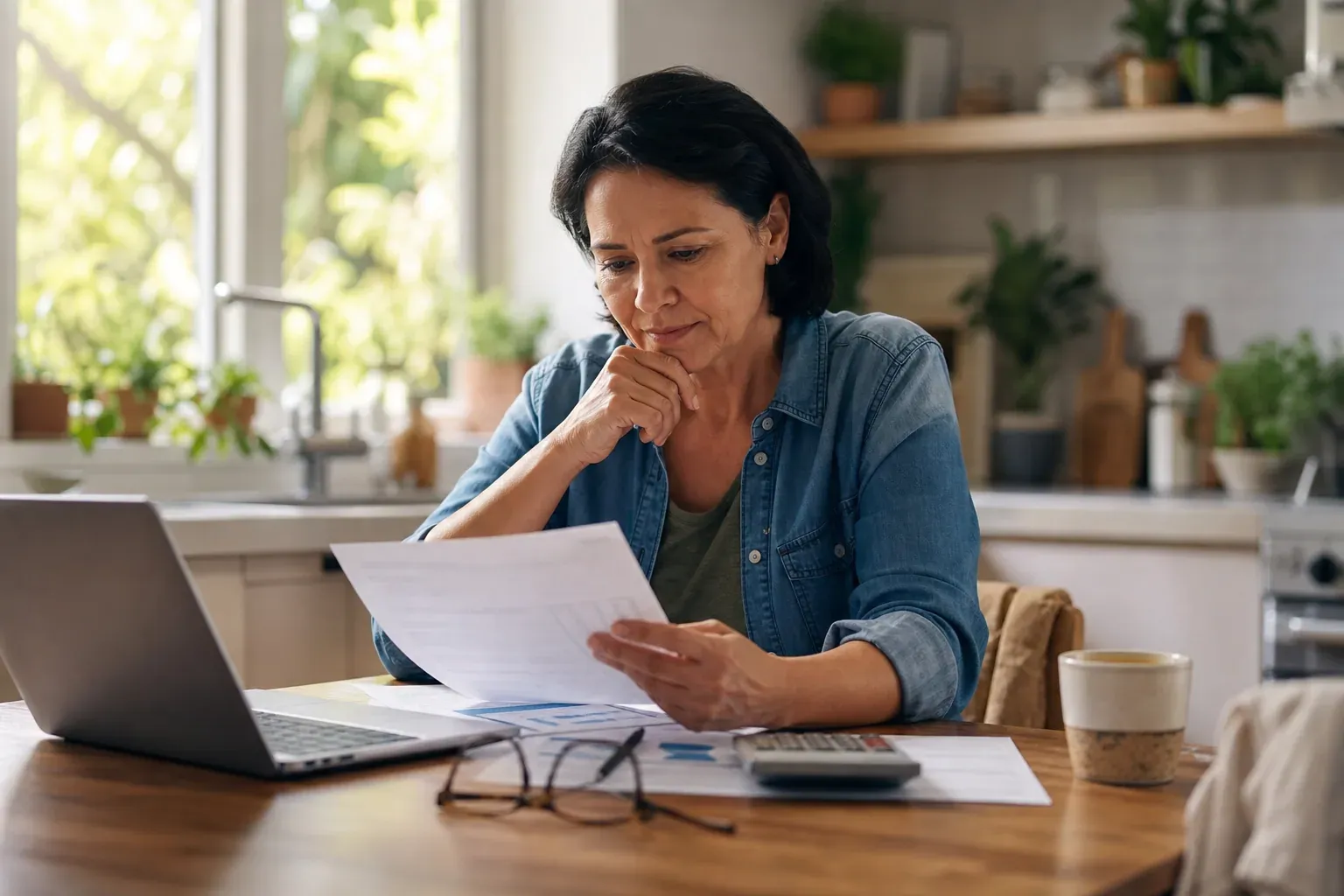 Femme à une table de cuisine comparant des documents de complémentaire santé avec un ordinateur portable ouvert et une calculatrice.