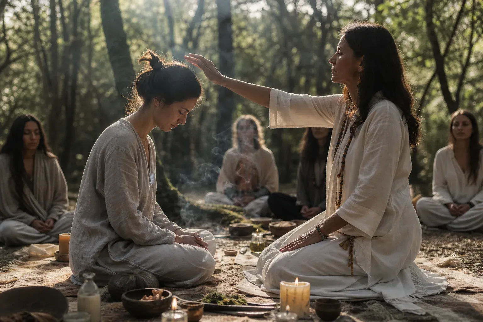 Une participante assise en cercle dans un cadre naturel, accompagnée par un guide lors d’une retraite spirituelle inspirée d’enseignements ancestraux.