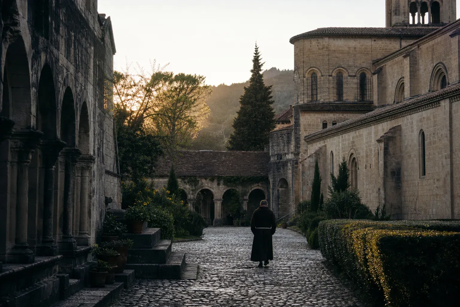 Une personne marche seule dans la cour d’un monastère en pierre au lever du jour, dans une atmosphère calme et contemplative.