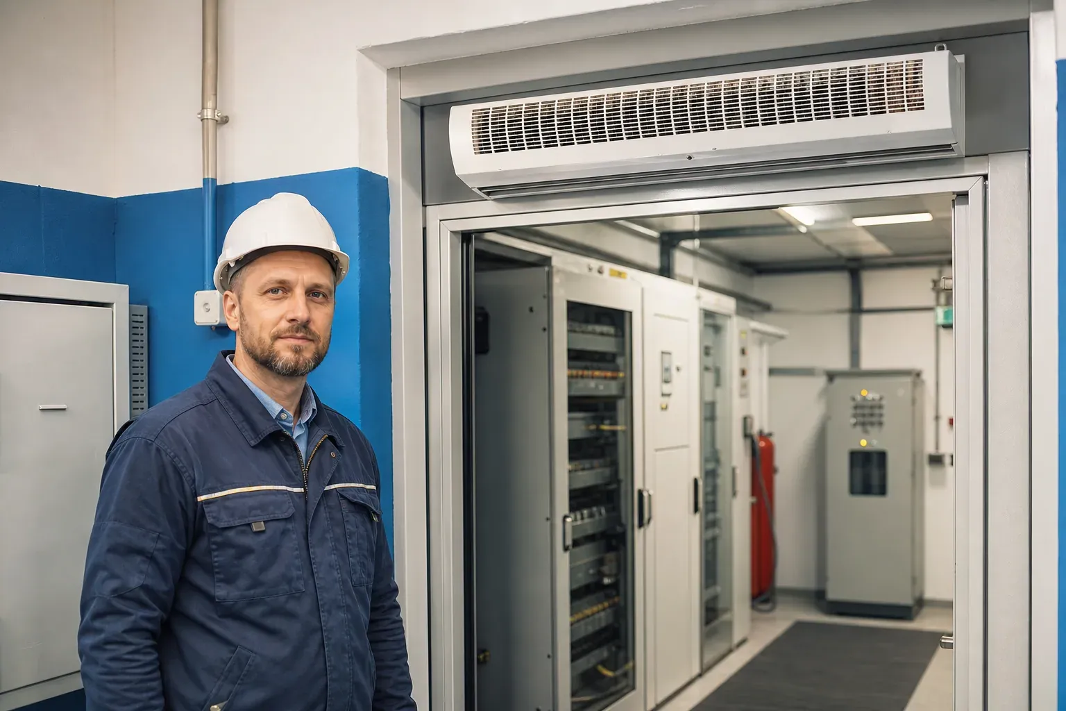 Technicien devant l’entrée d’un local technique équipé d’un rideau d’air chaud au-dessus de la porte, avec armoires électriques visibles à l’intérieur.