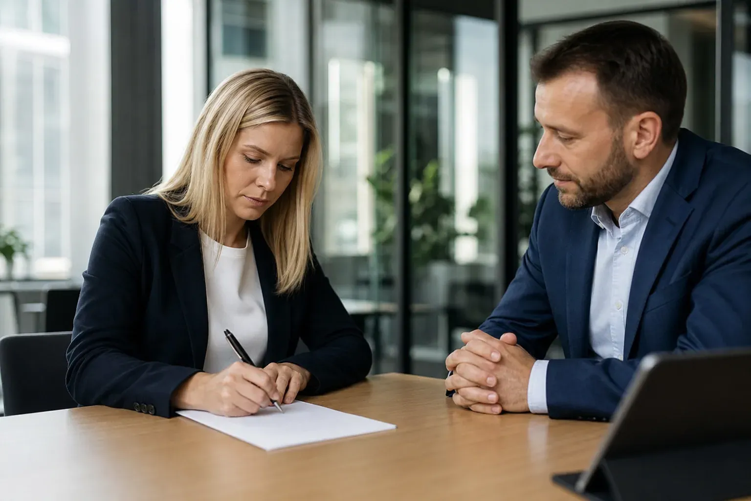 Salarié signant un document de rupture conventionnelle avec son employeur dans un bureau, ambiance calme, lumière naturelle.