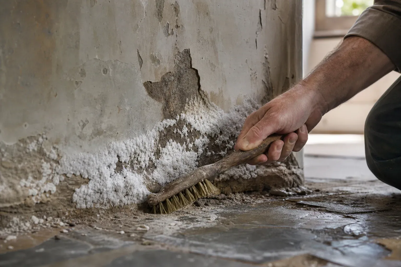 Bas d'un vieux mur intérieur en pierre et enduit couvert de dépôts blancs cristallins et de peinture qui s'écaille, avec une main tenant une brosse.