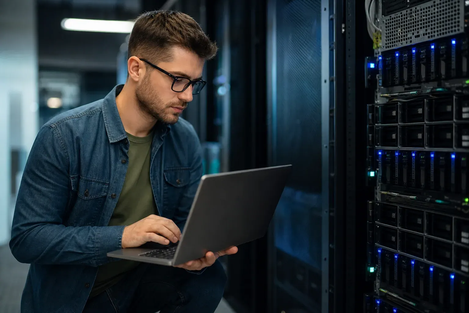 Administrateur système dans une salle serveurs moderne, consultant un poste Windows Server devant des baies réseau.