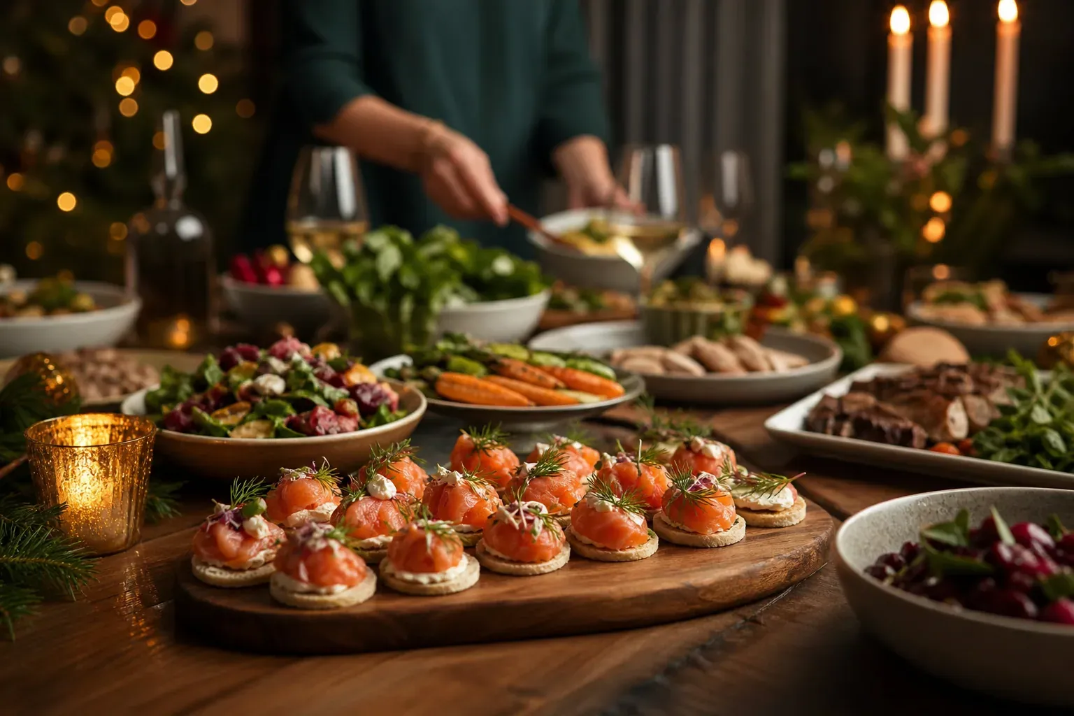 Une table de Noël élégante avec des plats traiteur raffinés, des bougies et une ambiance chaleureuse de réception familiale.