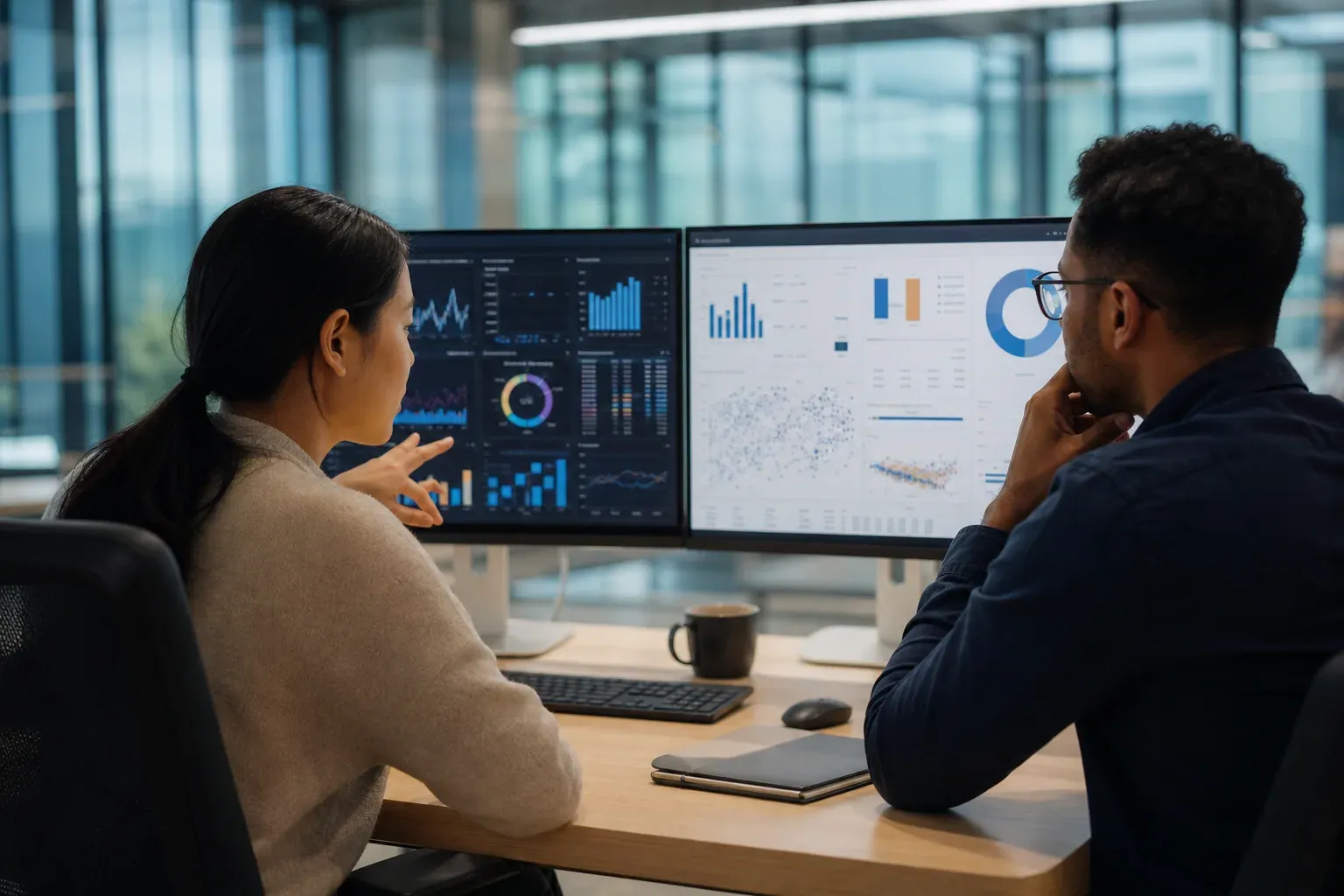 Deux analystes comparent des tableaux de bord de données sur de grands écrans dans un bureau moderne, avec graphiques complexes et visualisations claires.