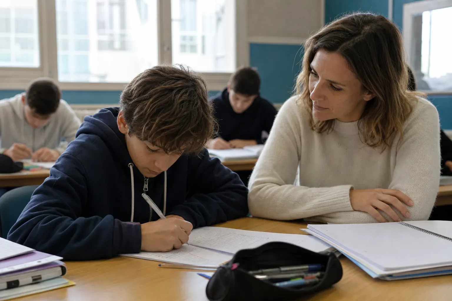Un collégien révise avec un enseignant dans une salle de cours lumineuse à Levallois-Perret, avec des cahiers et des exercices sur la table.